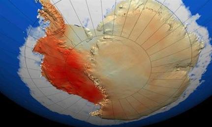 To κάλυμμα πάγου της Δυτικής Ανταρκτικής (κόκκινο) υποχωρεί κατά 7 μέτρα το χρόνο (Φωτογραφία: NASA)