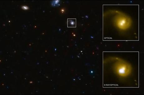 Στο κέντρο, ο γαλαξίας από όπου εκτινάχθηκε η μαύρη τρύπα. Στις ένθετες, ο γαλαξιακός πυρήνας σε παρατηρήσεις στο ορατό φως και τις ακτίνες Χ (Φωτογραφία: NASA)