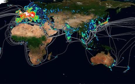 Χάρτης των μολυσμένων συστημάτων εκτός Βορείου Αμερικής. Το κόκκινο αντιστοιχεί στη μέγιστη πυκνότητα μολύνσεων και το μπλε στην ελάχιστη (team-cymru.org/DCWG)  