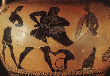 Ο Ηρακλής σκοτώνει το λιοντάρι της Νεμέας σε απεικόνιση που φιλοτέχνησε ο αγγειογράφος Εξηκίας γύρω στο 350 π.Χ.  