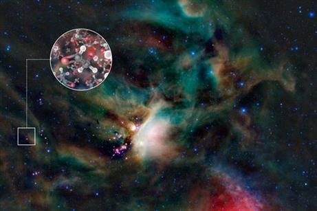 Το άστρο της μελέτης μόλις που διακρίνεται στο κέντρο του τετραγώνου. Στην ένθετη, μόρια γλυκολαλδεΰδης σε καλλιτεχνική απεικόνιση (Πηγή: ALM/L. Calcada/JPL)  