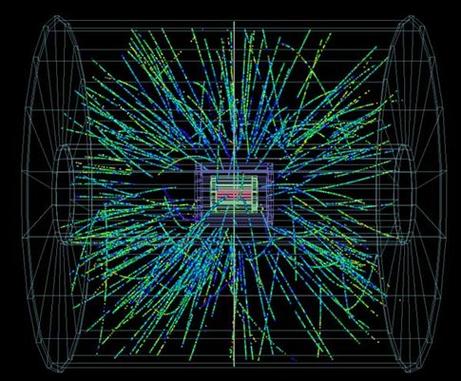 Απεικόνιση της βροχής σωματιδίων που προκύπτουν από τις συγκρούσεις πρωτονίων - ιόντων μολύβδου στον ανιχνευτή ALICE (Πηγή: ALICE/CERN)  